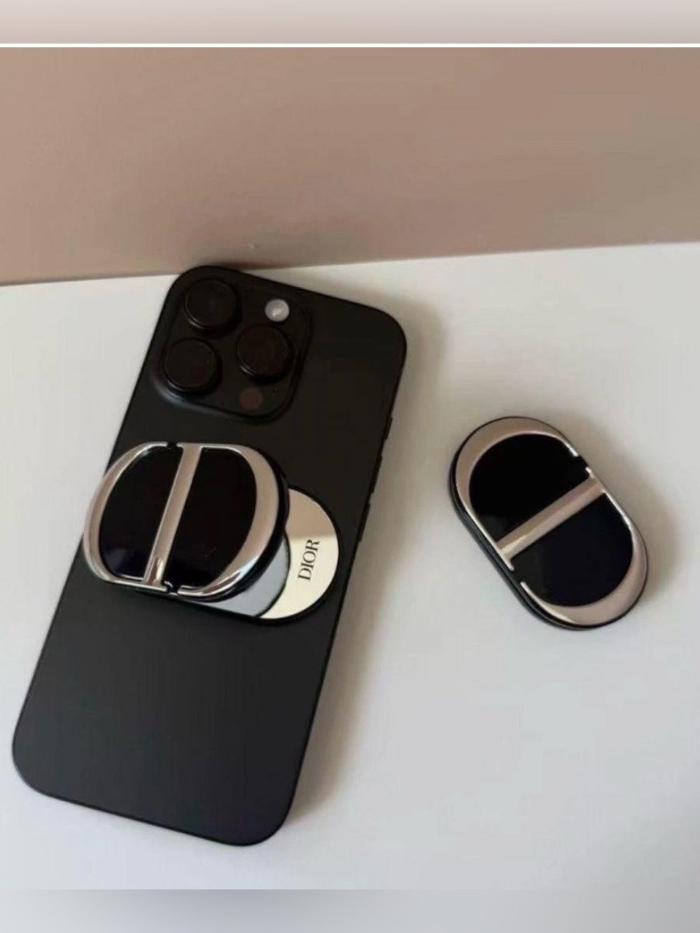 Dior Black and Silver Foldable Phone Ring Grip mirror